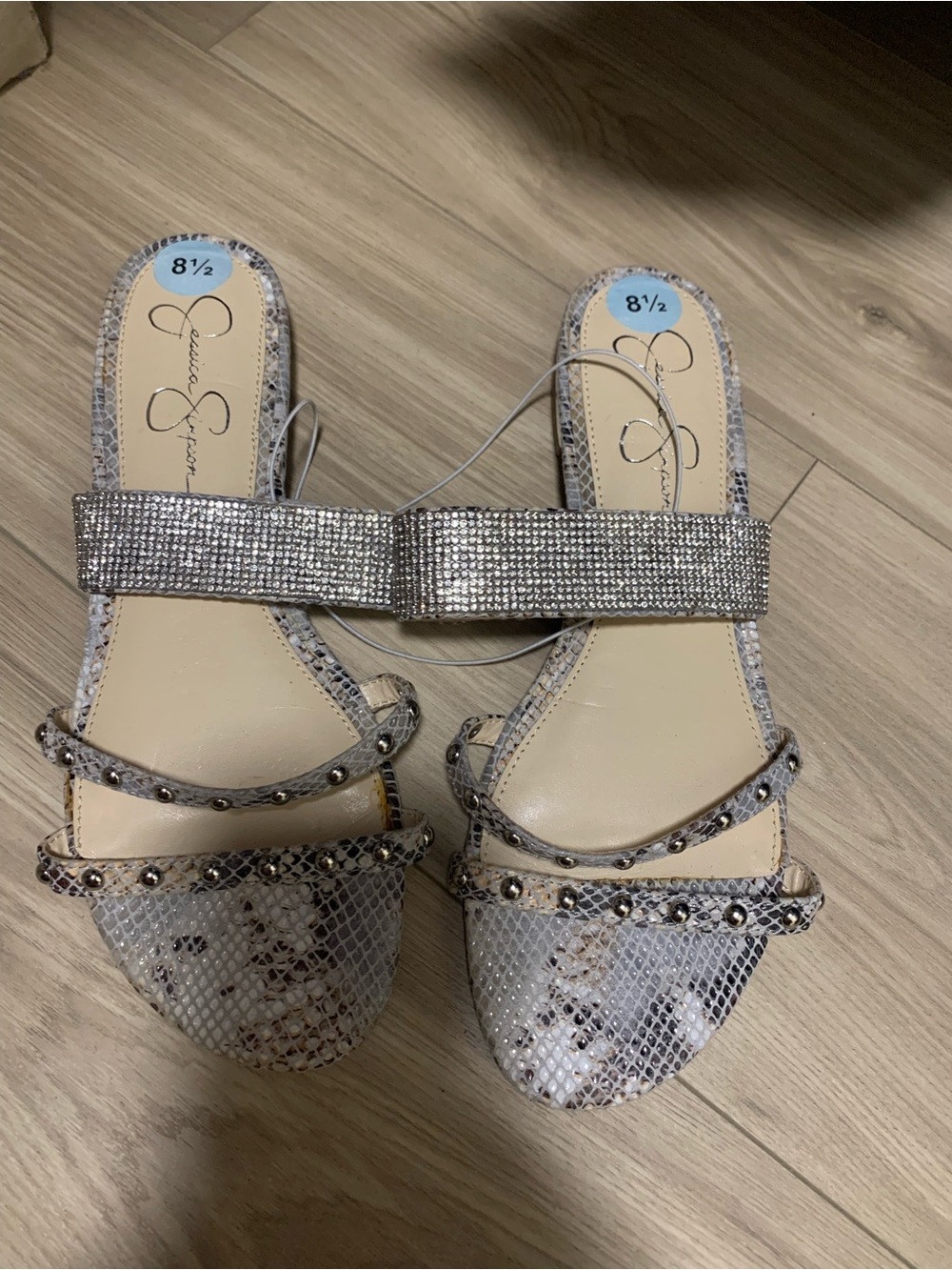 Jessica Simpson Silver Rhinestone & Snakeskin Slide Sandals